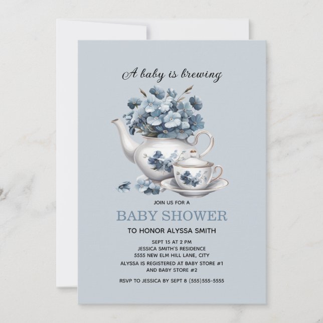 Baby brütet Blue Floral Baby Boy Einladung (Vorderseite)