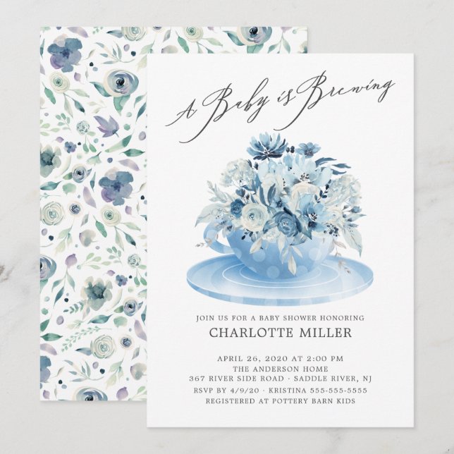 Baby brütet Blue Floral Baby Boy Tee Einladung (Vorne/Hinten)