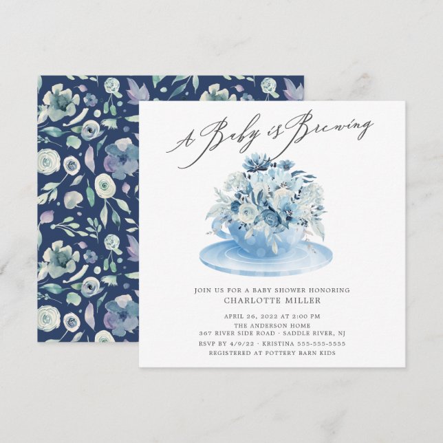 Baby brütet Blue Floral Baby Tee Einladung (Vorne/Hinten)