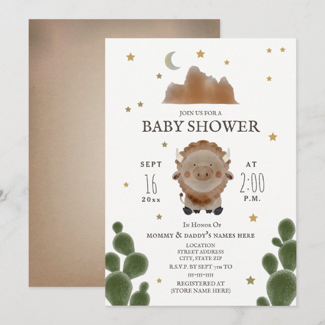Baby Buffalo Mountain Cactus Stars Baby Shower Einladung (Vorne/Hinten)