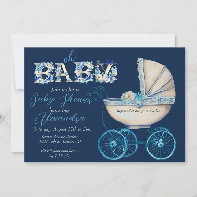 Baby Buggy Boy Babydusche Einladung (Vorderseite)