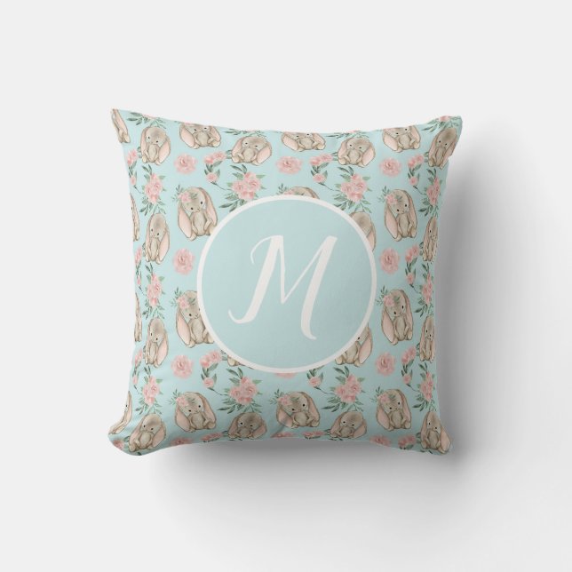 Baby Bunnies Blue Monogram Throw Kissen (Vorderseite)