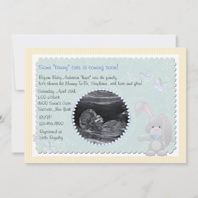 Baby Bunny Blue Foto Kinderdusche Einladung (Vorderseite)