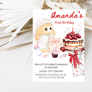 Baby Bunny & Cake Girls 1. Geburtstagsfeier Einladung