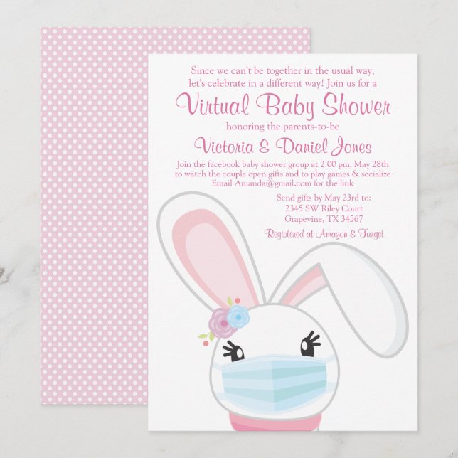 Baby Bunny Mask Girl Virtual Baby Dusche Einladung (Vorne/Hinten)