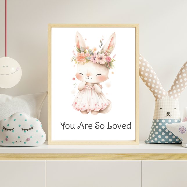 Baby Bunny Pink Dress Blume Baby Girl Kinderzimmer Poster (Baby Bunny Pink Dress Flowers on Head You are So Loved Nursery Wall Art Poster)