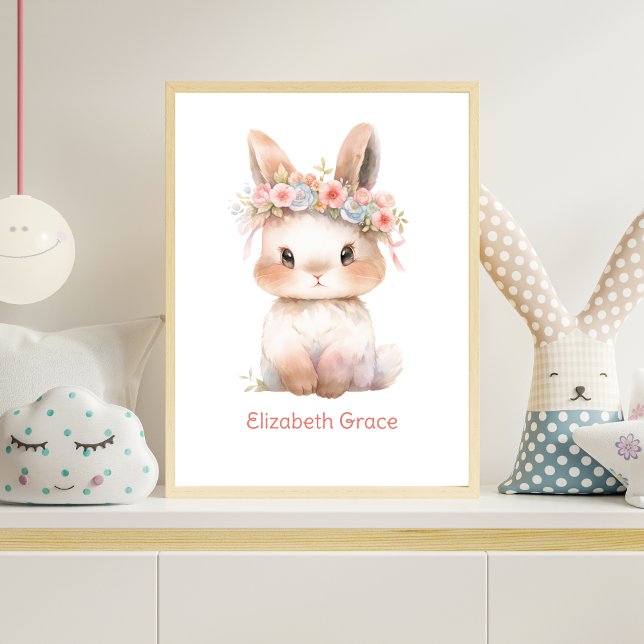Baby Bunny Pink Floral Monogram Kinderzimmer Art Poster (Baby Bunny Pink Flowers on head watercolor Nursery Wall Art, Monogram with babies name or other text)