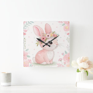 Baby-Bunny-Prinzessin mit Blumenkrone – Sanftes Ro Quadratische Wanduhr