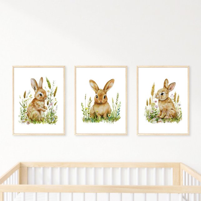 Baby Bunny Rabbit Fleur sauvage Nursery Baby Cadea (Cute Adorable Baby Bunnies Nursery Wall Art prints, set of three. Gender Neutral. Baby Boy Baby girl)