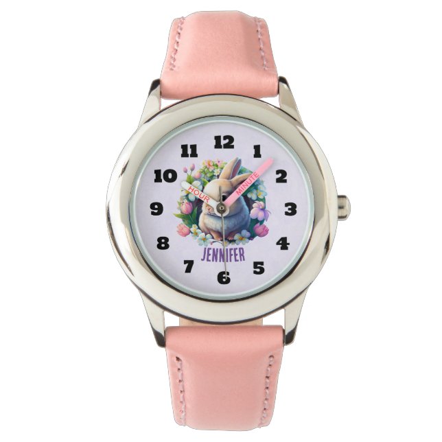 Baby Bunny unter farbenfrohen Frühlingsblumen Armbanduhr (Vorderseite)