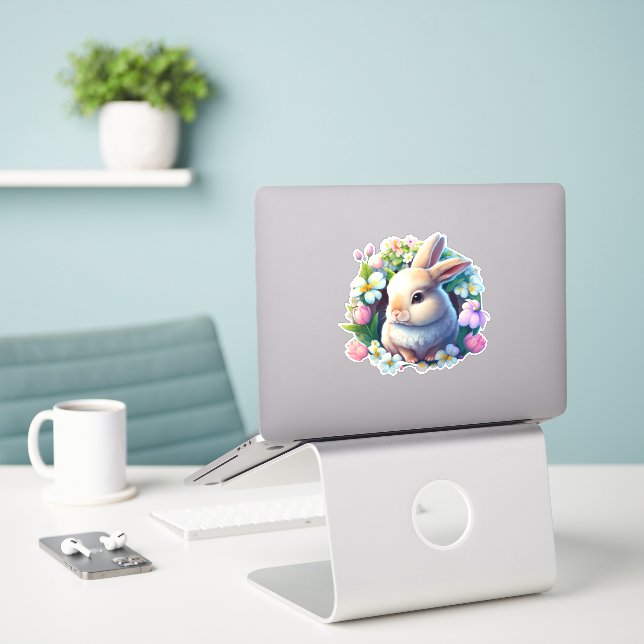 Baby Bunny unter farbenfrohen Frühlingsblumen Aufkleber (Laptop auf Schreibtisch)