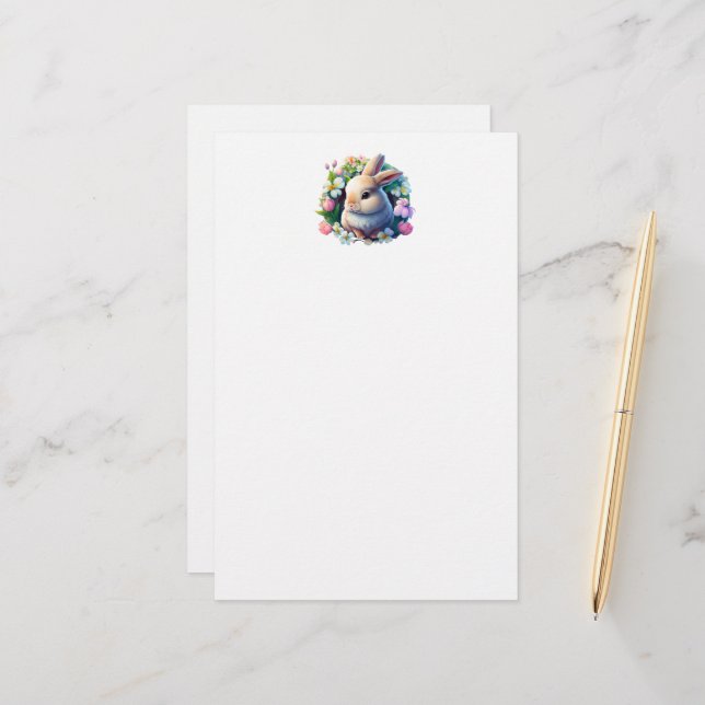 Baby Bunny unter farbenfrohen Frühlingsblumen Briefpapier (Vorderseite/Rückseite Beispiel)