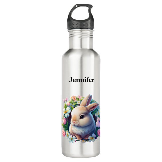 Baby Bunny unter farbenfrohen Frühlingsblumen Edelstahlflasche (Vorderseite)