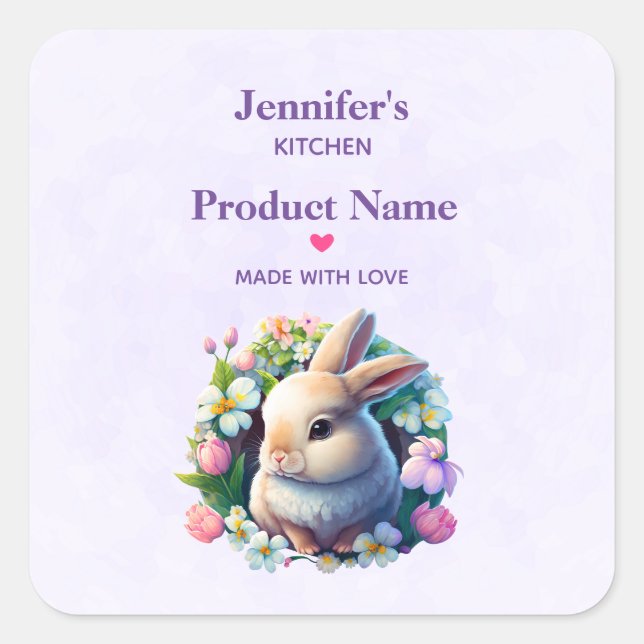 Baby Bunny unter farbenfrohen Frühlingsblumen Küch Quadratischer Aufkleber (Vorderseite)