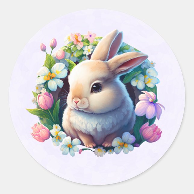 Baby Bunny unter farbenfrohen Frühlingsblumen Runder Aufkleber (Vorderseite)