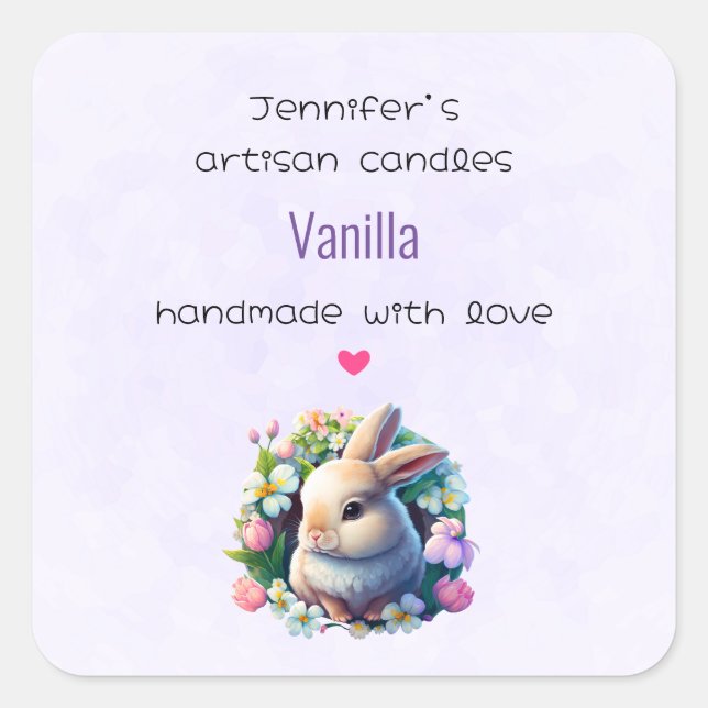 Baby Bunny unter Spring Blumen Candle Biz Quadratischer Aufkleber (Vorderseite)