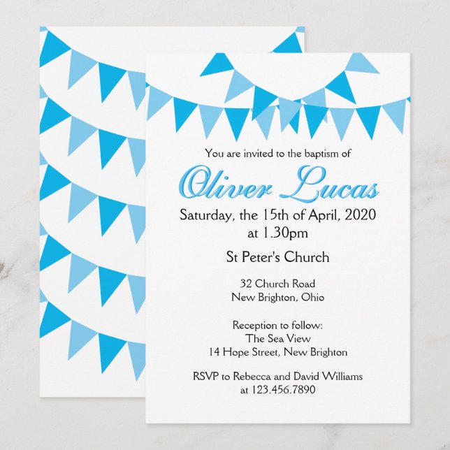 Baby Bunting Baptême Bleu Christening Invitation (Devant / Derrière)