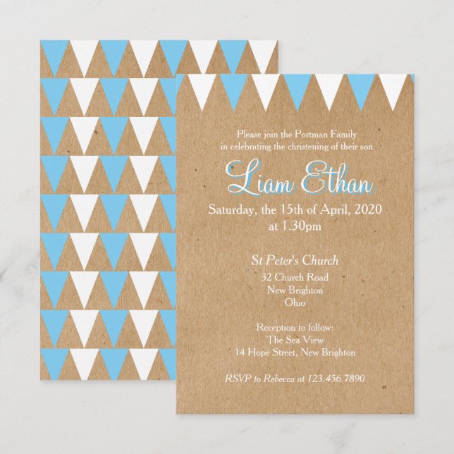 Baby Bunting Baptême Bleu Christening Invitation (Devant / Derrière)