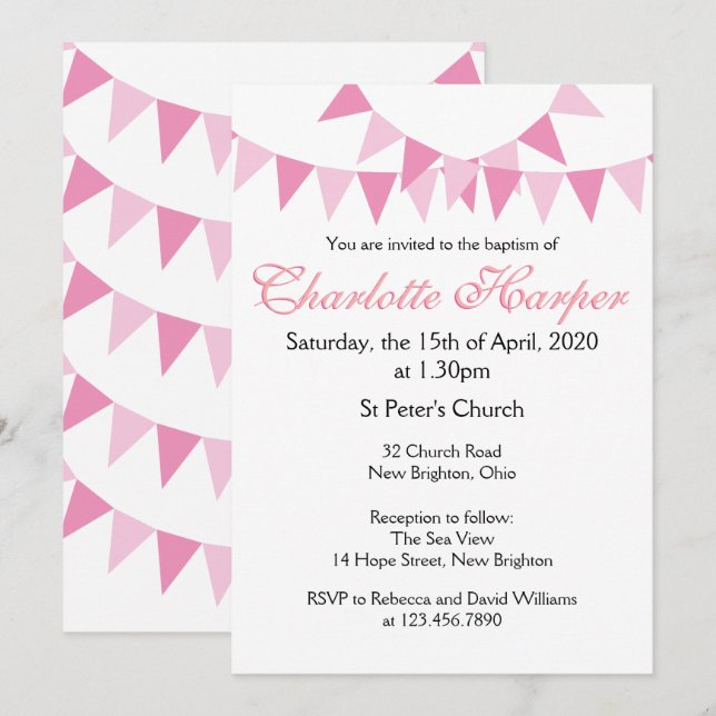 Baby Bunting Pink Taufe Christening Einladung (Vorne/Hinten)
