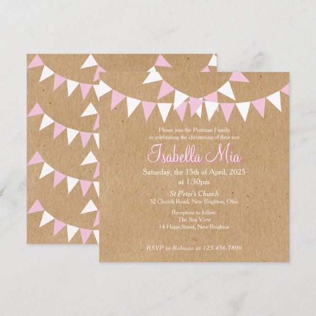 Baby Bunting Pink Taufe Christening Einladung (Vorne/Hinten)