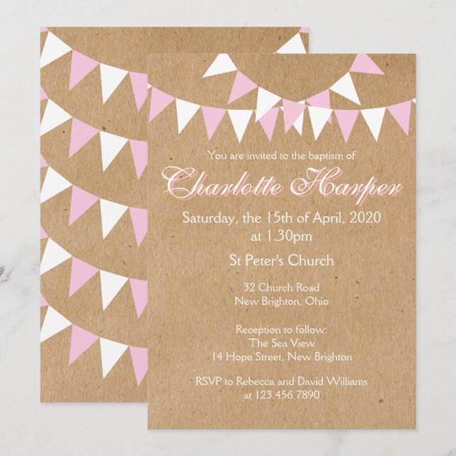 Baby Bunting Pink Taufe Christening Einladung (Vorne/Hinten)