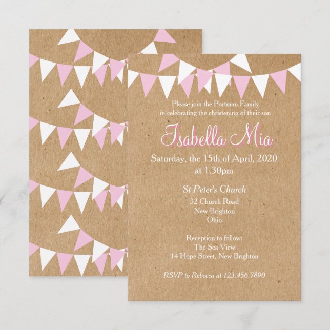 Baby Bunting Pink Taufe Christening Einladung (Vorne/Hinten)