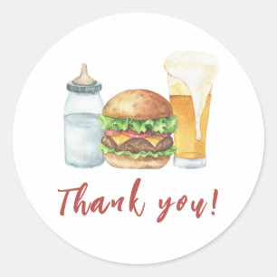 Baby, Burger und Bier Baby Shower Danke Runder Aufkleber