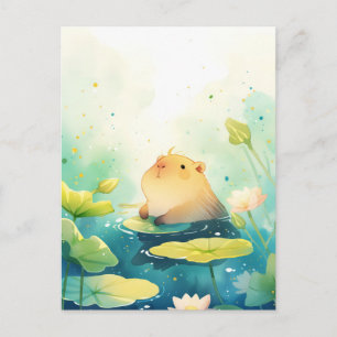 Baby Capybara auf Seerosenblatt im Weißen Lotus-Te Postkarte