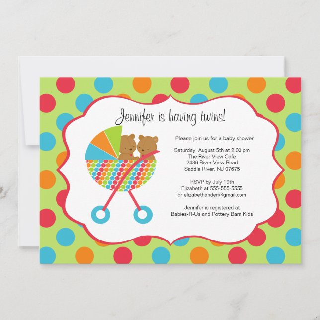 Baby Carriage Bear Twins Baby Shower Einladung (Vorderseite)