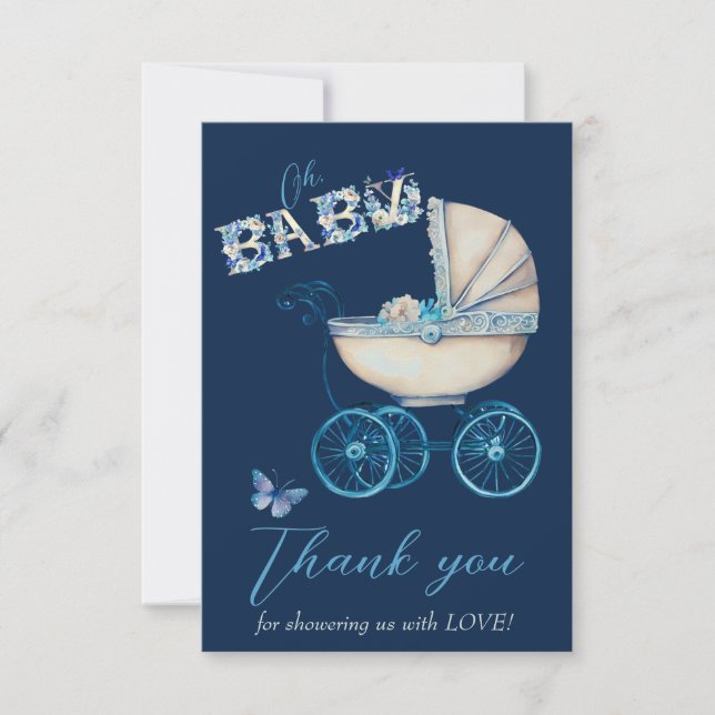 Baby Carriage Boy Baby Dusche Vielen Dank Dankeskarte (Vorderseite)