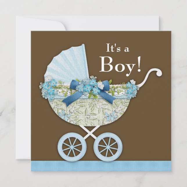 Baby Carriage Brown Blue Baby Boy Dusche Einladung (Vorderseite)