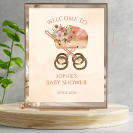 Baby Carriage Floral Welcome Baby Dusche Poster