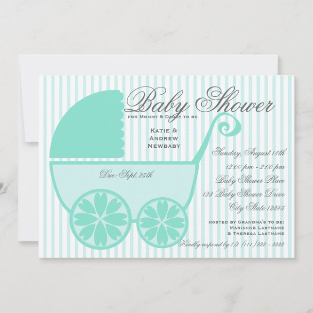Baby Carriage Shower Türkis und Grau Einladung (Vorderseite)