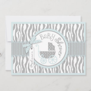 Baby Carriage, Zebra Print & Blue Baby Dusche Einladung