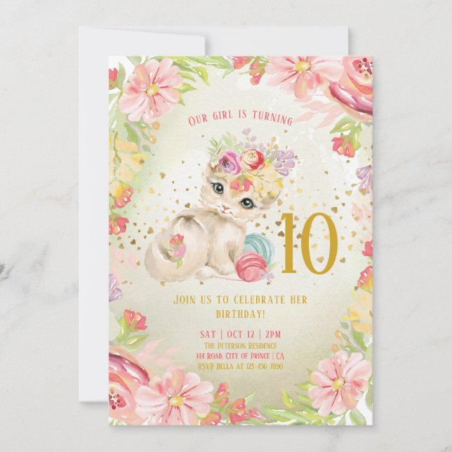 Baby Cat Watercolor Blume Girl Birthday  Einladung (Vorderseite)