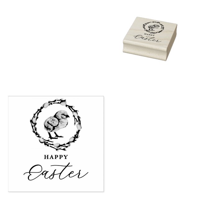 Baby Chick Inside Willow Wreath Happy Easter Gummistempel (Stempel)