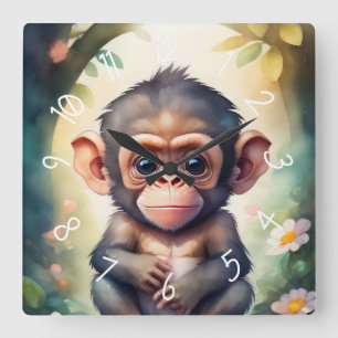 Baby Chimpanze Kinderzimmer Watercolor Quadratische Wanduhr