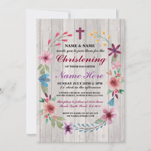 Baby Christening Taufe Blumenholz Einladung (Vorderseite)