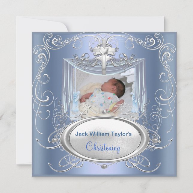 Baby Christening Taufe Boy Blue Silver Cross Einladung (Vorderseite)