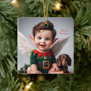 Baby-Christnachtself und Dachshund-Karte Keramikornament