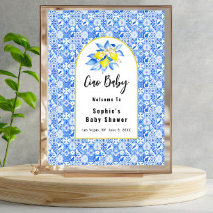 Baby Ciao, blaue Fliesen und Zitronen Baby Begrüßu Poster
