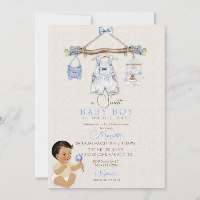 Baby Clothes Boy Baby Dusche Elfenbeinblau Einladung (Vorderseite)