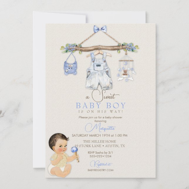 Baby Clothes Boy Baby Dusche Elfenbeinblau Einladung (Vorderseite)