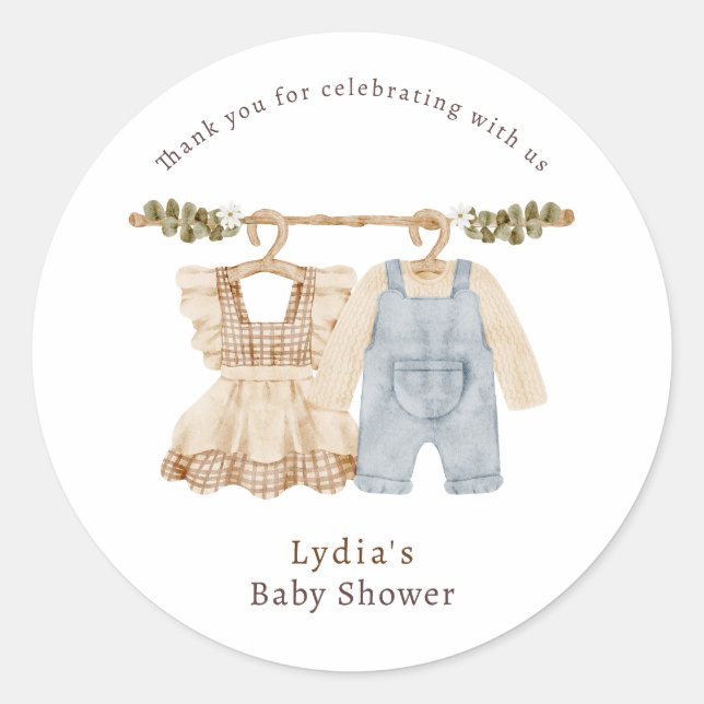 Baby Clothes Gender Reveal, Boho Baby Shower Runder Aufkleber (Vorderseite)
