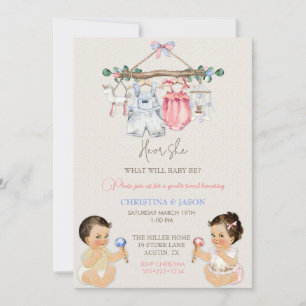 Baby Clothes Geschlecht offenbart Elfenbeinrosa Bl Einladung