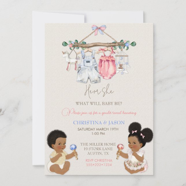 Baby Clothes Geschlecht offenbart Elfenbeinrosa Bl Einladung (Vorderseite)