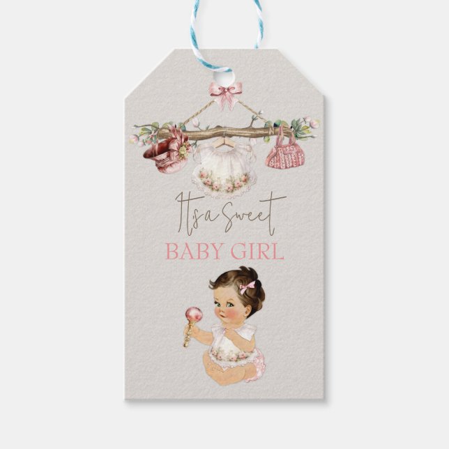 Baby Clothes Girl Baby Dusche Elfenbeinrosa Geschenkanhänger (Vorderseite)