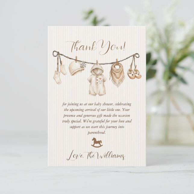 Baby Clothesline Baby Shower Striped Dankeskarte (Stehend Vorderseite)