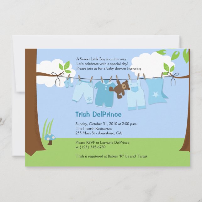 Baby Clothesline Blue BOY 12x18 Baby Dusche Einladung (Vorderseite)