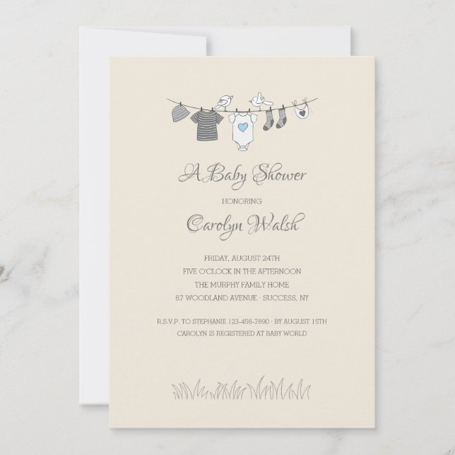 Baby Clothesline Boy Baby Shower Einladung (Vorderseite)